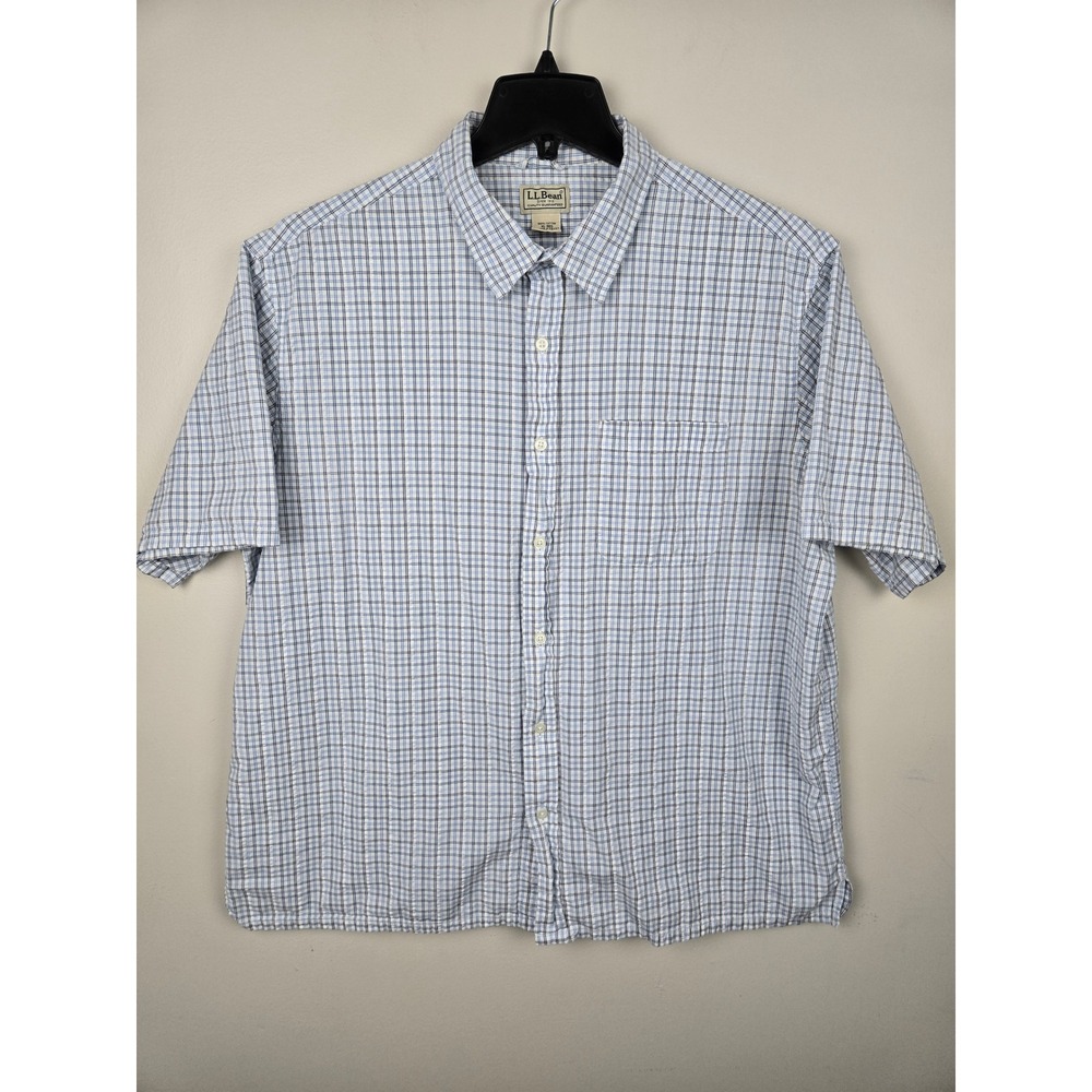LLBean Mens Plaid Short Sleeve Button Down Shirt XL REG Blue White Casual